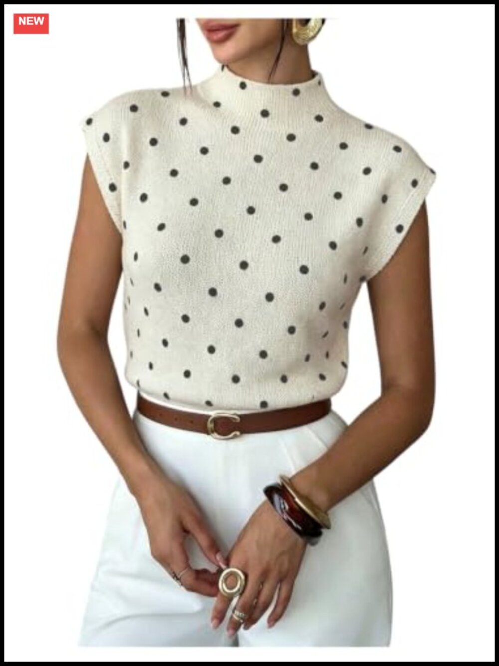 Women's Polka Dot Knit Top Mock Neck Cap Sleeve Going Out Tee